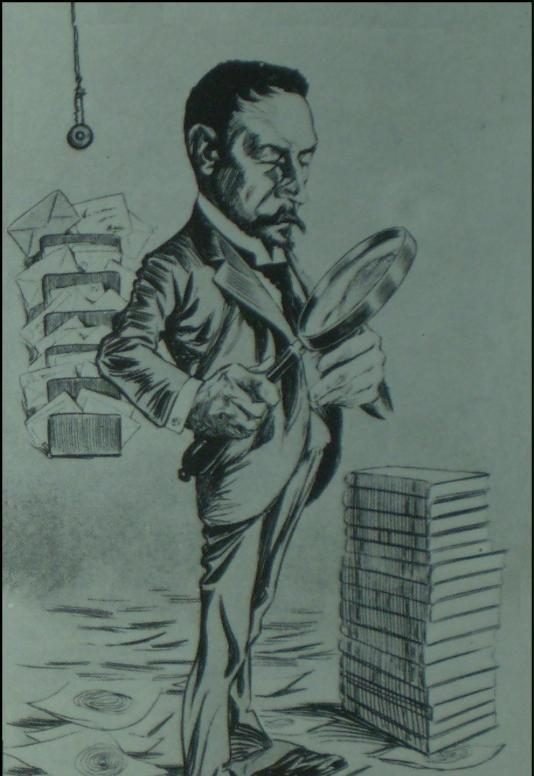 Caricatura en tinta de un hombre de traje que examina algo con una lupa, junto a pilas de fichas y papeles