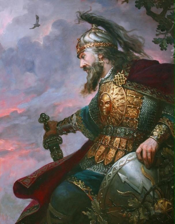 Ilustración de Perun, un guerrero con casco, armadura dorada y capa roja, bajo un cielo de tormenta