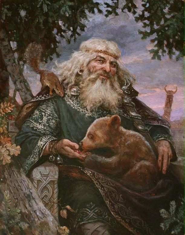 Ilustración de Veles, un anciano de barba larga y corona de hojas, con un oso joven comiendo de su mano y una ardilla en el hombro